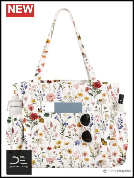 Handbags - Large Corduroy Tote Bag with Zipper Multi-Pocket for School Work